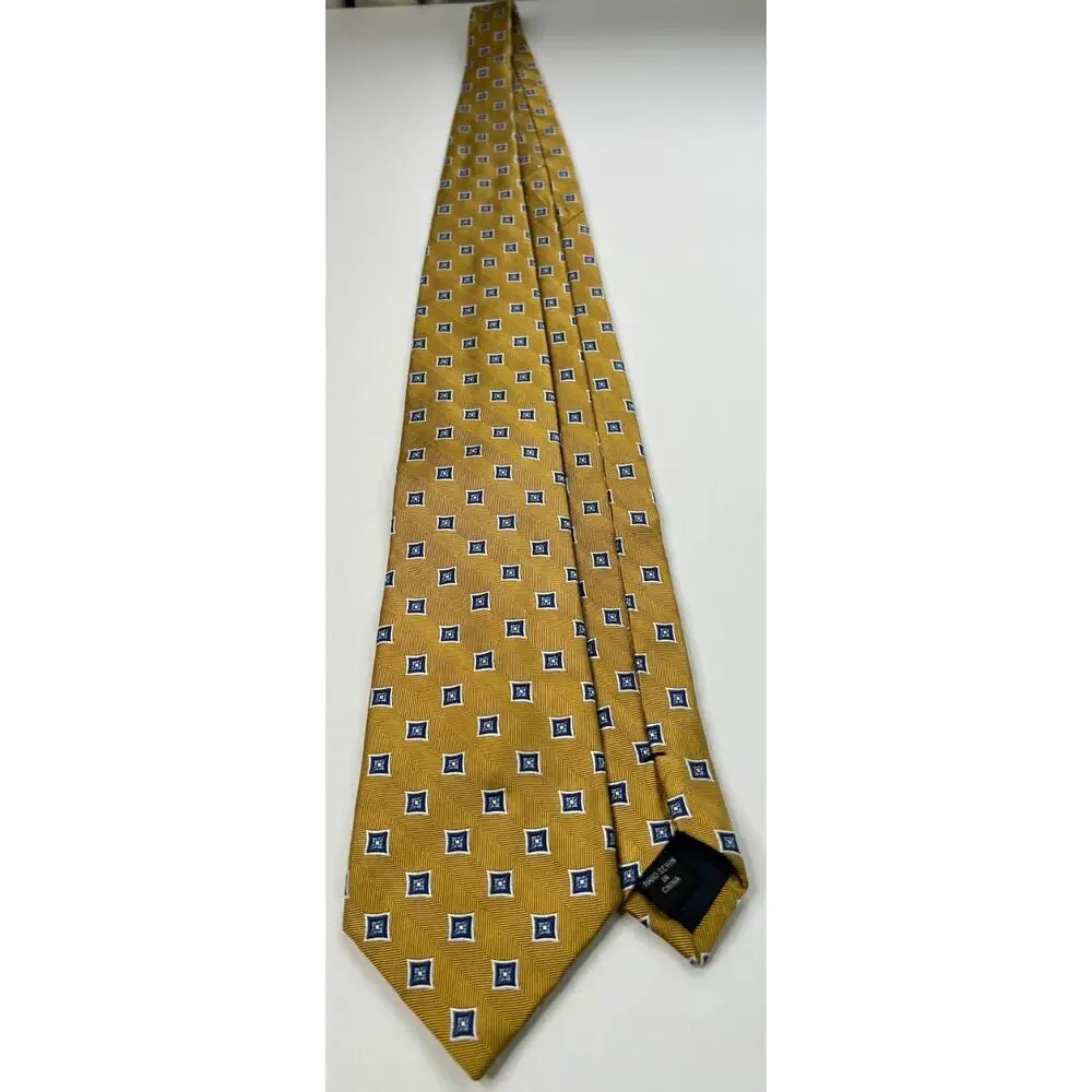 Jos A Bank 100% Silk Tie Gold Blue Geometric Herringbone Classic